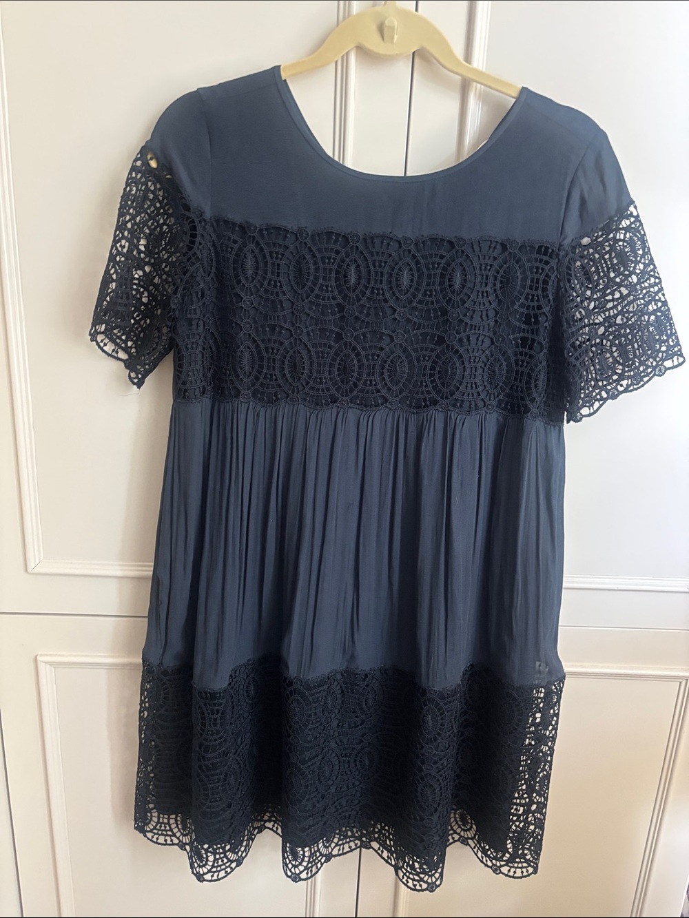 LOFT Navy Crochet-Trim Short Sleeve Mini Dress